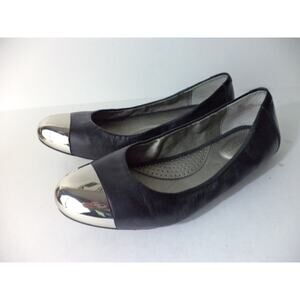 KATE PRESTON US 7.5M BLACK SOFT SMOOTH LEATHER BALLET FLATS SHOE SILVER TOE CAPS